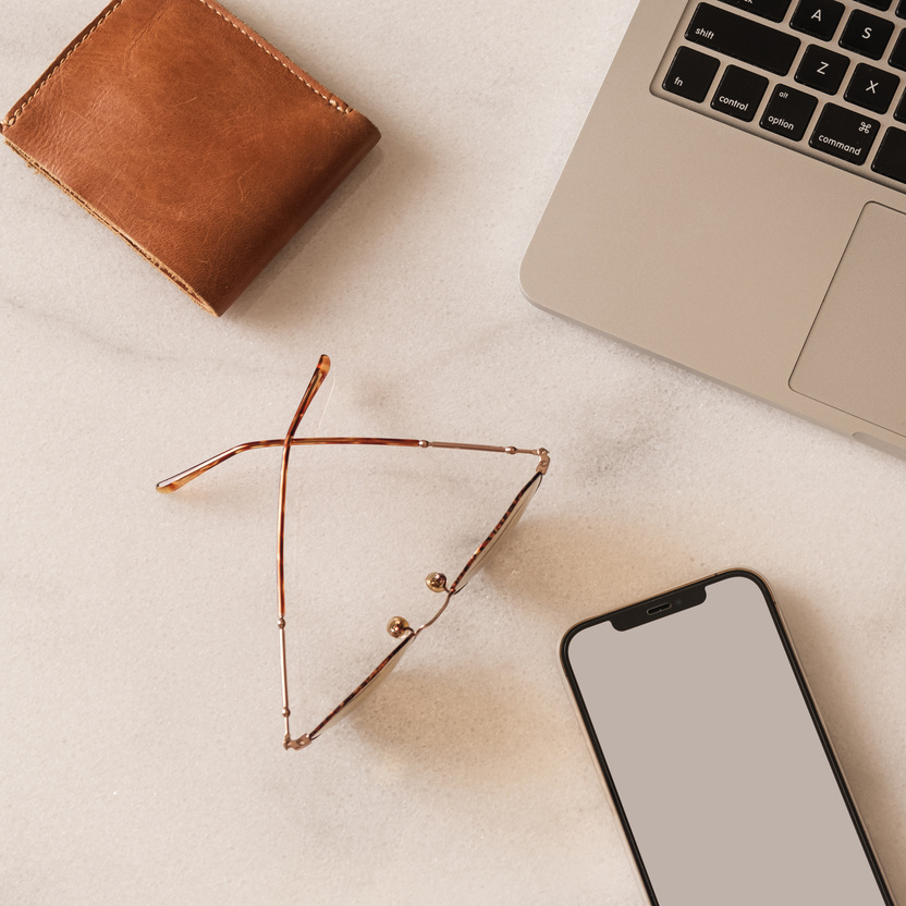 Flat lay of Home Office Desk Workspace Accessories 